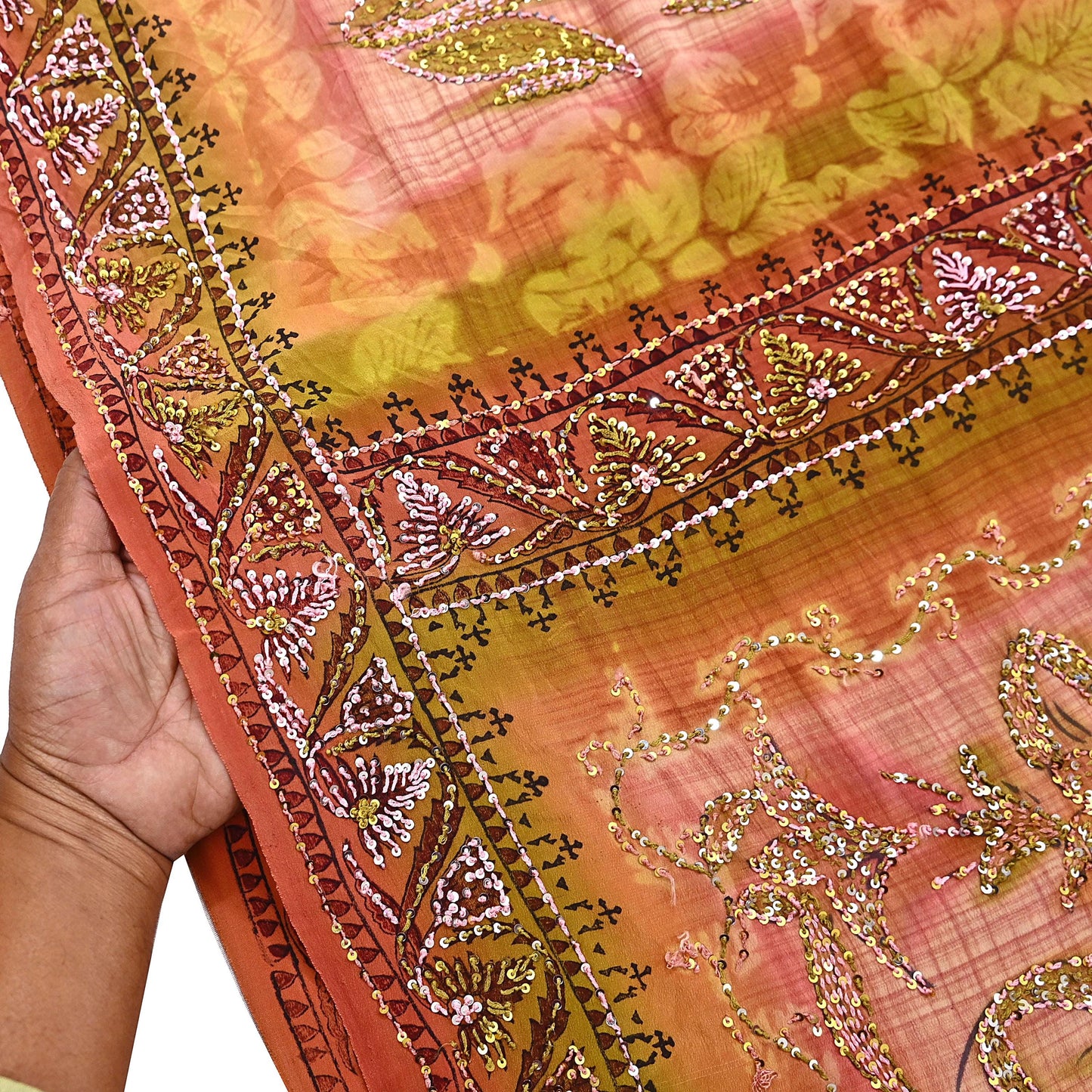 Indian Vintage Sari Brown & Green Pure Crepe Silk Hand Embroidered Saree 5yd Sewing Floral Craft Sequins Dress making Crafting Quilting