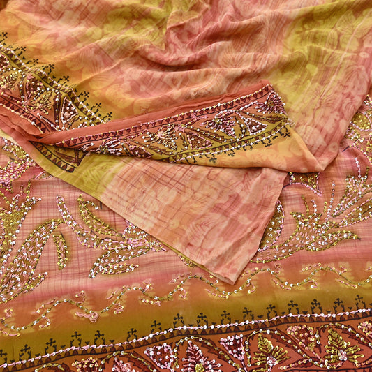 Indian Vintage Sari Brown & Green Pure Crepe Silk Hand Embroidered Saree 5yd Sewing Floral Craft Sequins Dress making Crafting Quilting