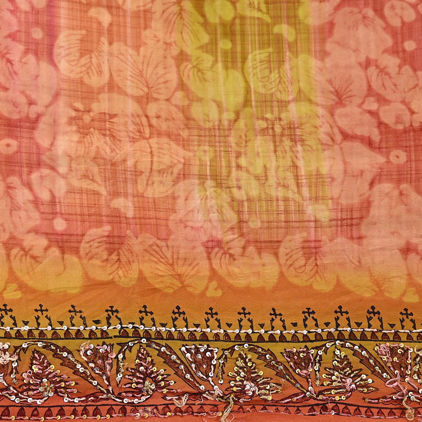 Indian Vintage Sari Brown & Green Pure Crepe Silk Hand Embroidered Saree 5yd Sewing Floral Craft Sequins Dress making Crafting Quilting