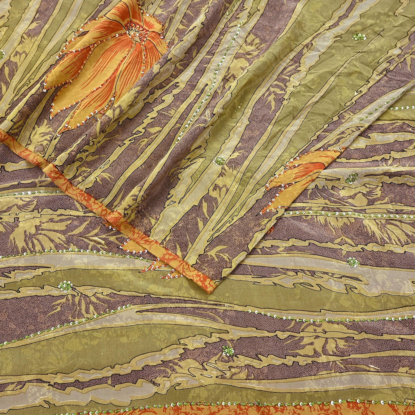 Indian Vintage Sari Brown & Green Pure Crepe Silk Hand Embroidered Saree 5yd Sewing Floral Craft Sequins Dress making Crafting Quilting