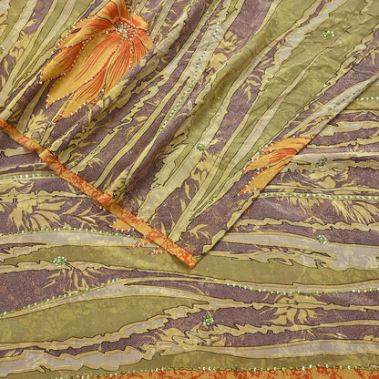 Indian Vintage Sari Brown & Green Pure Crepe Silk Hand Embroidered Saree 5yd Sewing Floral Craft Sequins Dress making Crafting Quilting
