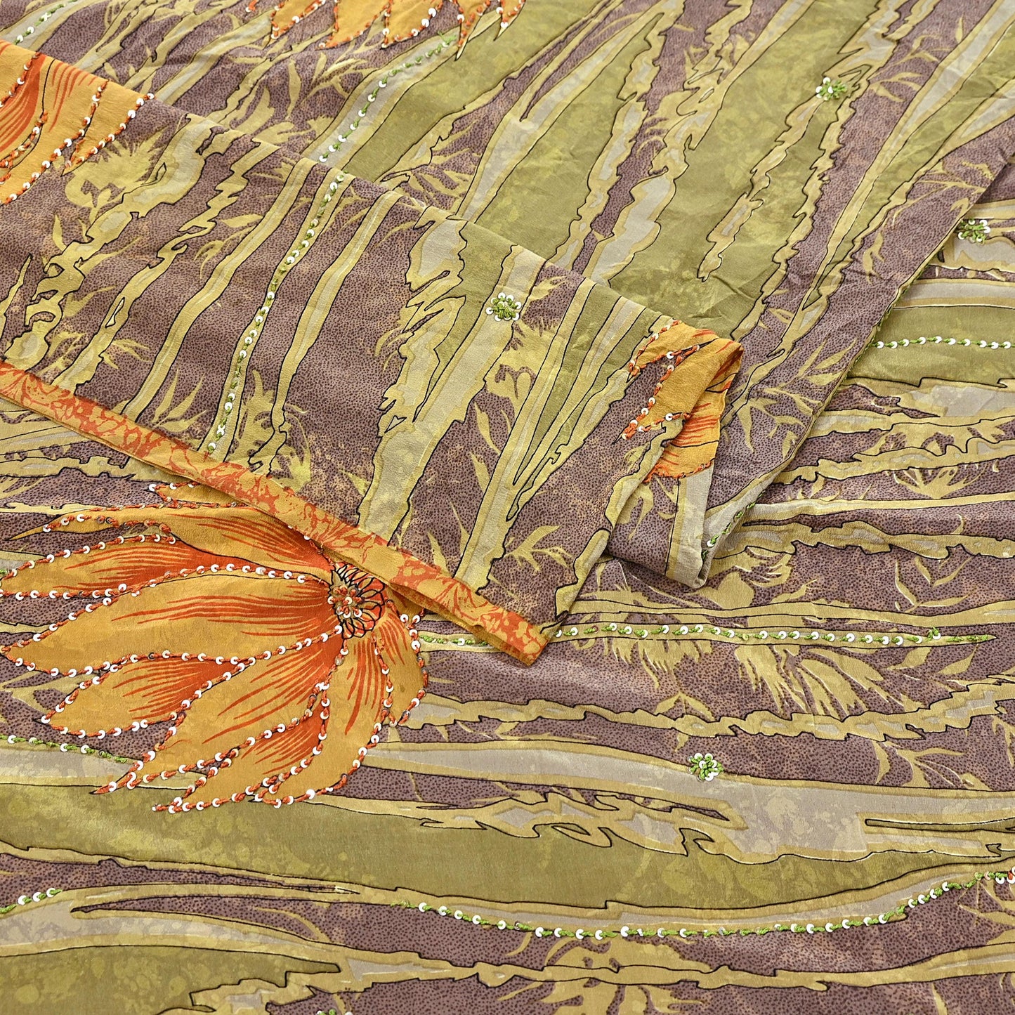 Indian Vintage Sari Brown & Green Pure Crepe Silk Hand Embroidered Saree 5yd Sewing Floral Craft Sequins Dress making Crafting Quilting