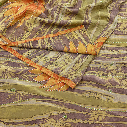 Indian Vintage Sari Brown & Green Pure Crepe Silk Hand Embroidered Saree 5yd Sewing Floral Craft Sequins Dress making Crafting Quilting