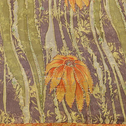 Indian Vintage Sari Brown & Green Pure Crepe Silk Hand Embroidered Saree 5yd Sewing Floral Craft Sequins Dress making Crafting Quilting