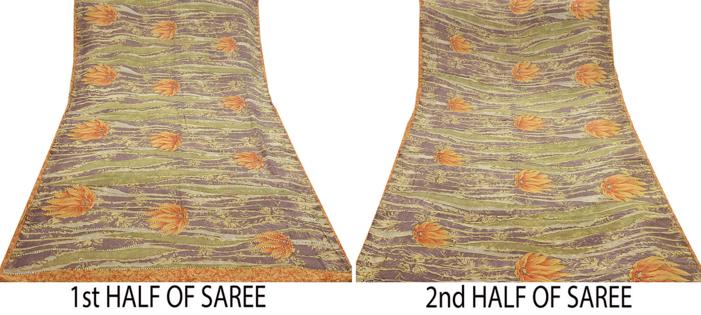 Indian Vintage Sari Brown & Green Pure Crepe Silk Hand Embroidered Saree 5yd Sewing Floral Craft Sequins Dress making Crafting Quilting