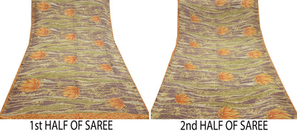 Indian Vintage Sari Brown & Green Pure Crepe Silk Hand Embroidered Saree 5yd Sewing Floral Craft Sequins Dress making Crafting Quilting