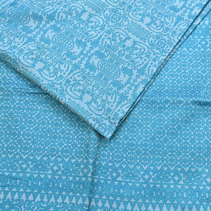 Vintage Sari Blue Pure Silk Printed Saree Fabric 5yard Sewing Soft Dress Designing for Crafting Quilting Upcycle Soft Border
