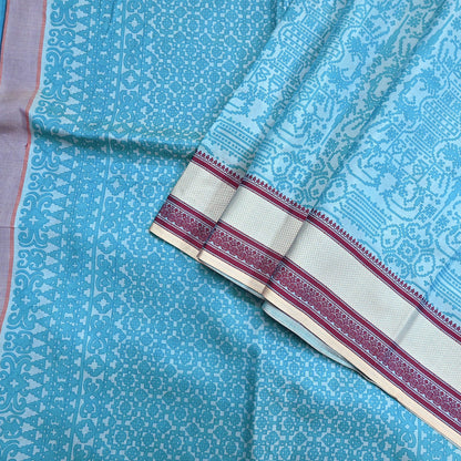 Vintage Sari Blue Pure Silk Printed Saree Fabric 5yard Sewing Soft Dress Designing for Crafting Quilting Upcycle Soft Border