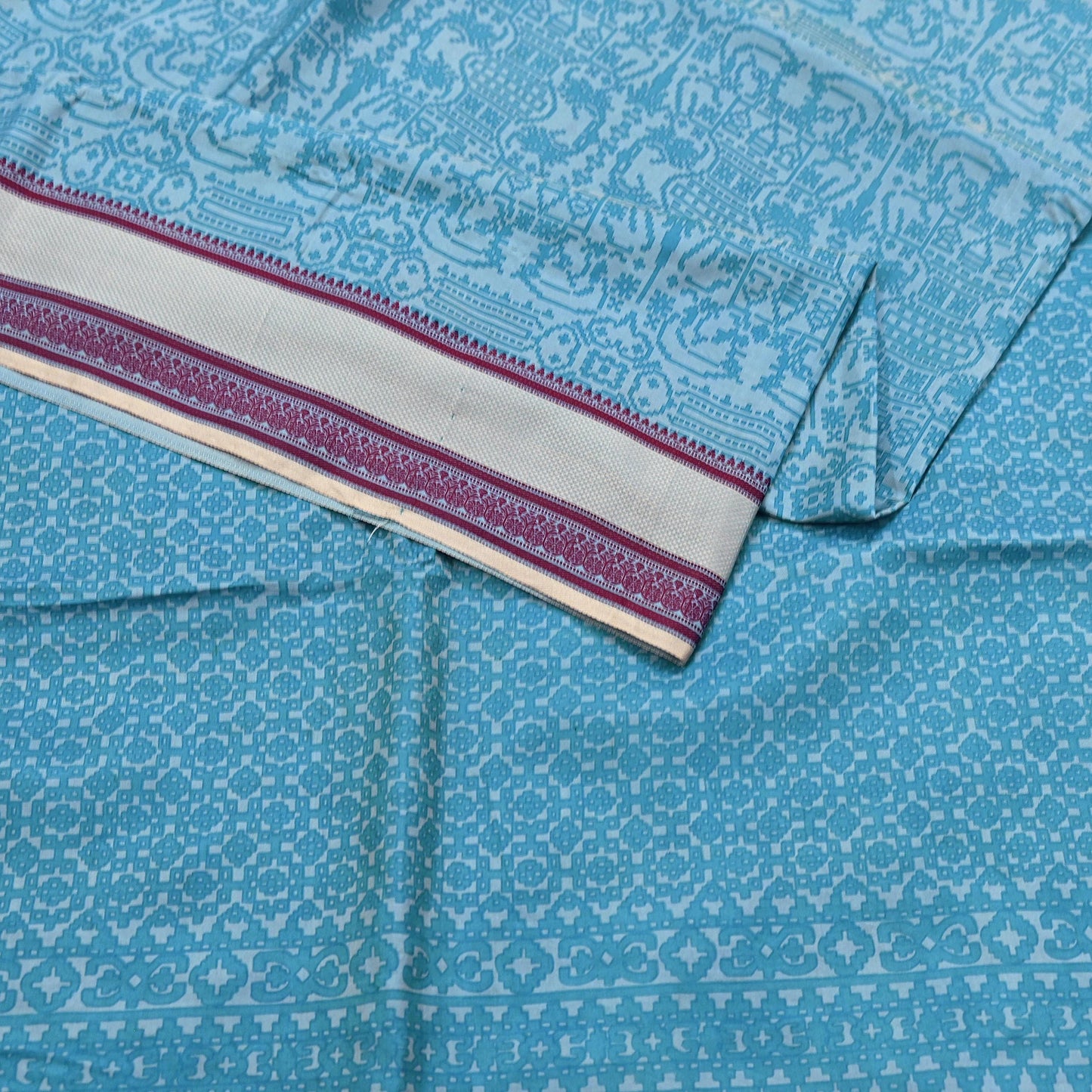 Vintage Sari Blue Pure Silk Printed Saree Fabric 5yard Sewing Soft Dress Designing for Crafting Quilting Upcycle Soft Border