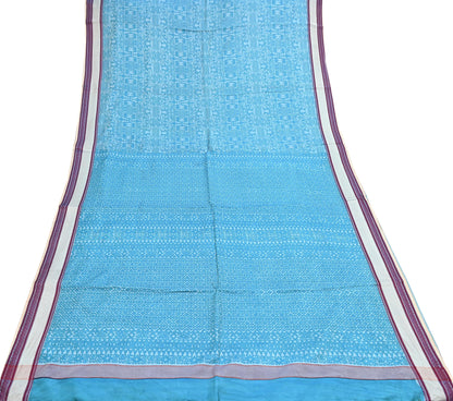 Vintage Sari Blue Pure Silk Printed Saree Fabric 5yard Sewing Soft Dress Designing for Crafting Quilting Upcycle Soft Border