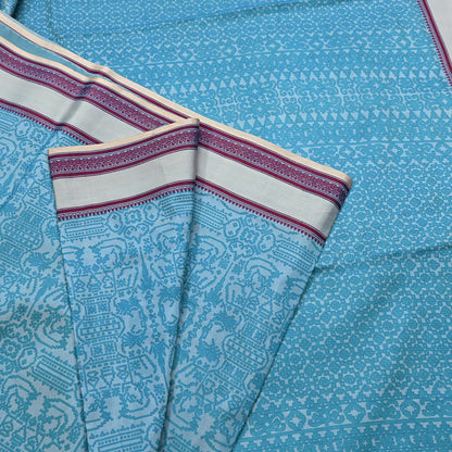 Vintage Sari Blue Pure Silk Printed Saree Fabric 5yard Sewing Soft Dress Designing for Crafting Quilting Upcycle Soft Border