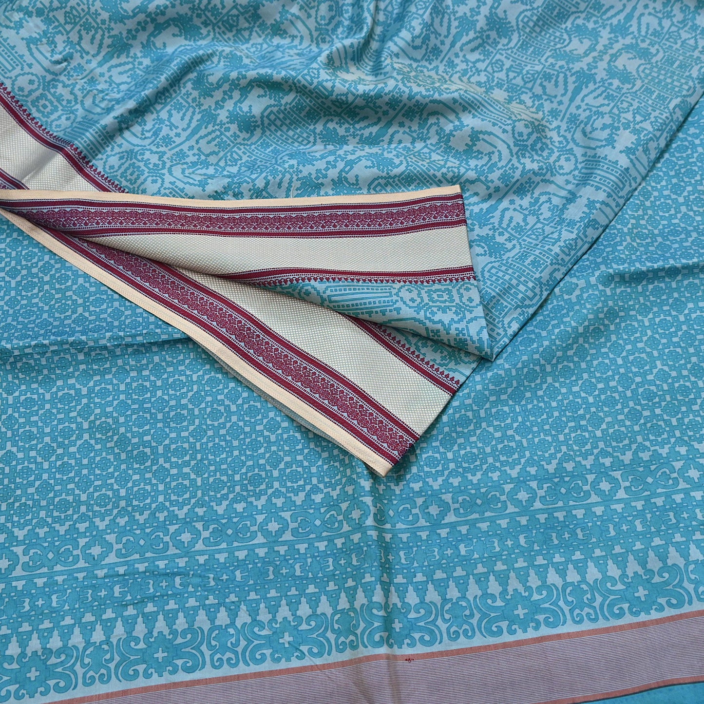 Vintage Sari Blue Pure Silk Printed Saree Fabric 5yard Sewing Soft Dress Designing for Crafting Quilting Upcycle Soft Border