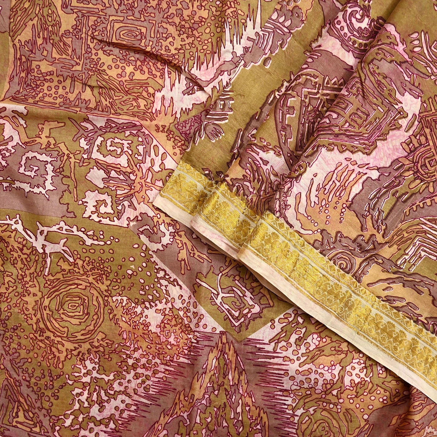 Vintage Green, Beige Pure Silk Saree Indian Printed Silk Fabric 5 Yards Boho Craft Material for Sewing, Quilting, Dressmaking, Upcycling