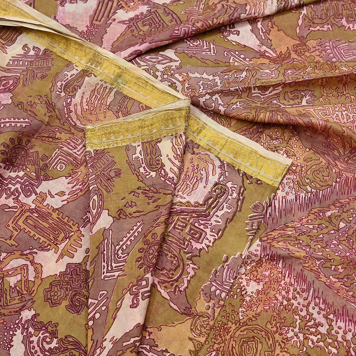 Vintage Green, Beige Pure Silk Saree Indian Printed Silk Fabric 5 Yards Boho Craft Material for Sewing, Quilting, Dressmaking, Upcycling