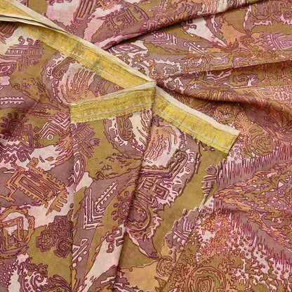 Vintage Green, Beige Pure Silk Saree Indian Printed Silk Fabric 5 Yards Boho Craft Material for Sewing, Quilting, Dressmaking, Upcycling