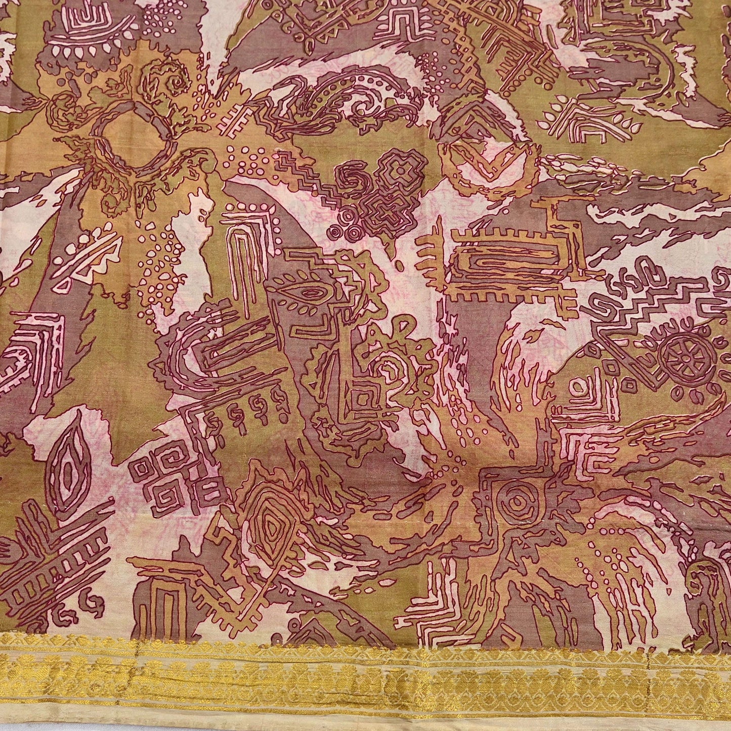 Vintage Green, Beige Pure Silk Saree Indian Printed Silk Fabric 5 Yards Boho Craft Material for Sewing, Quilting, Dressmaking, Upcycling