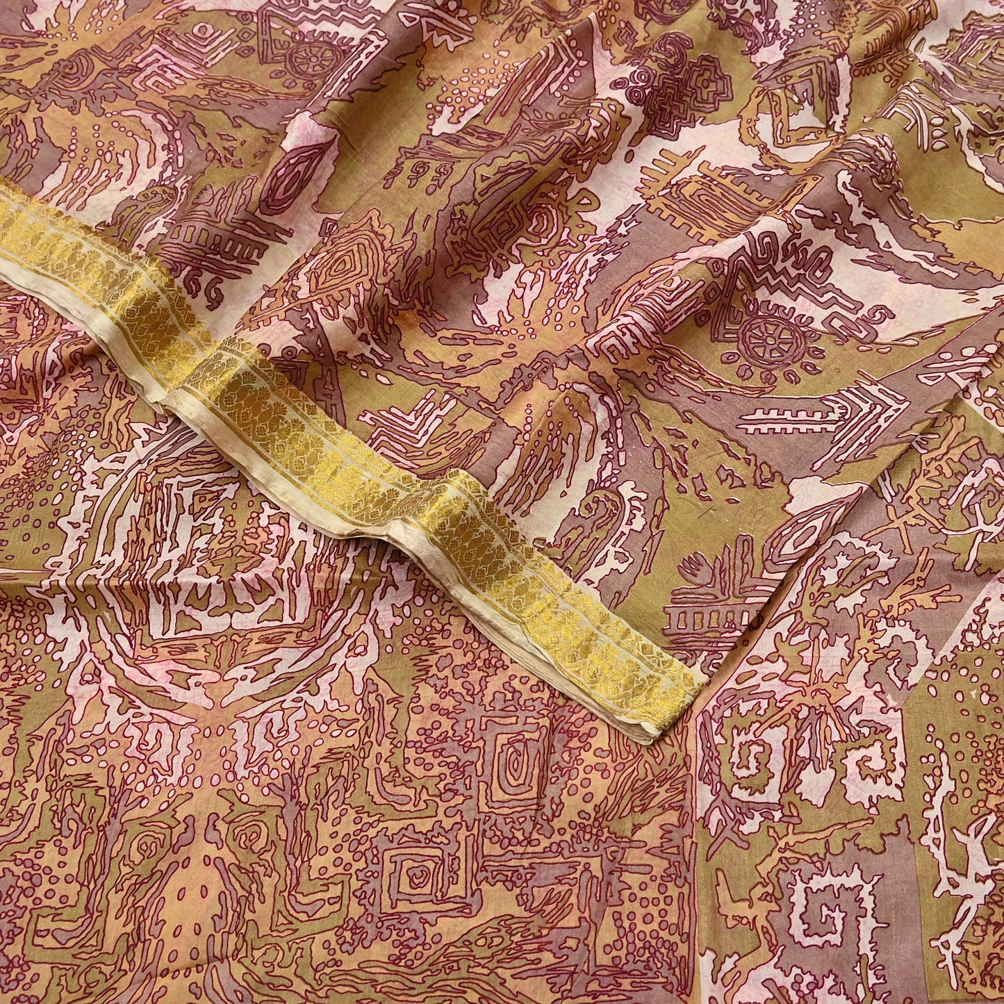 Vintage Green, Beige Pure Silk Saree Indian Printed Silk Fabric 5 Yards Boho Craft Material for Sewing, Quilting, Dressmaking, Upcycling