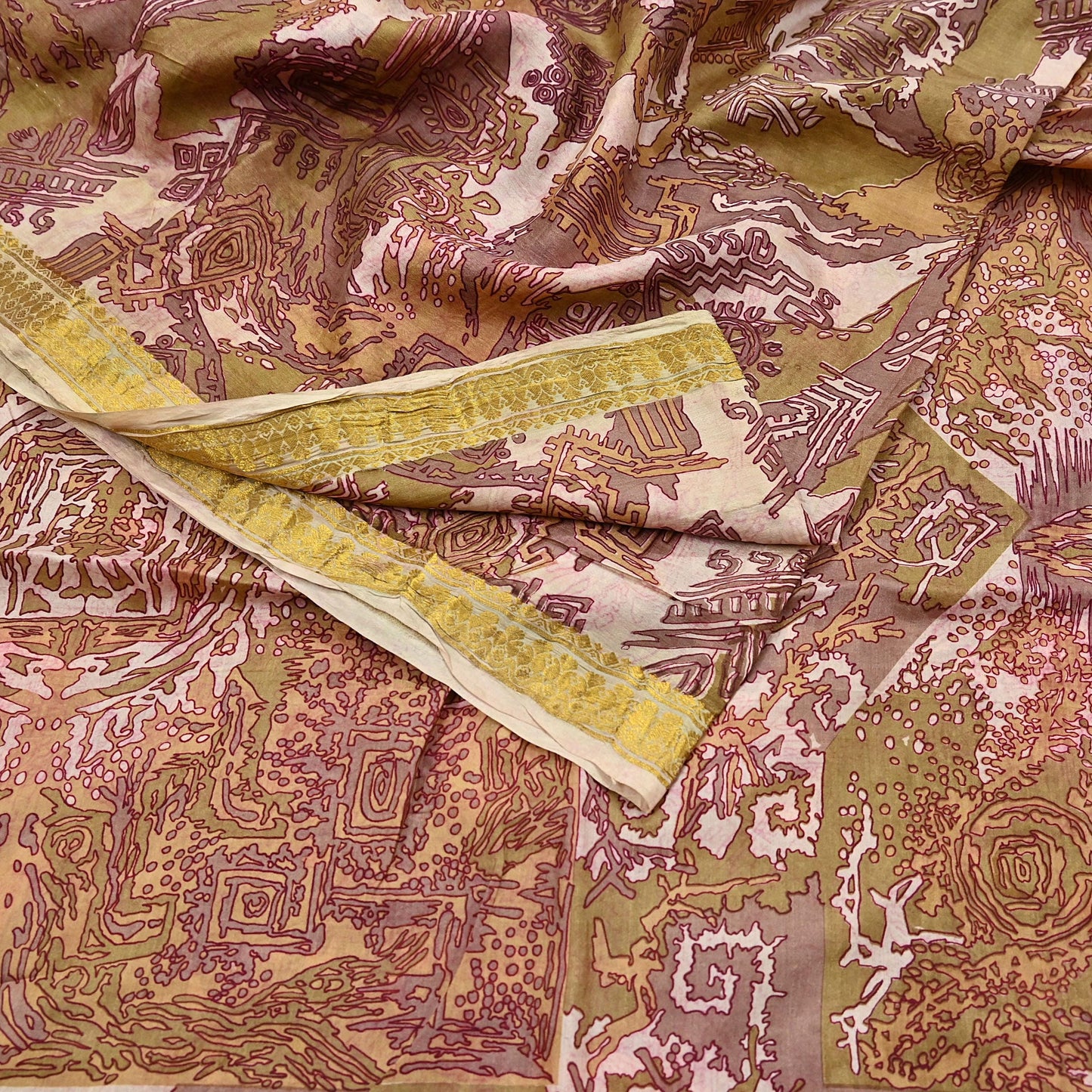 Vintage Green, Beige Pure Silk Saree Indian Printed Silk Fabric 5 Yards Boho Craft Material for Sewing, Quilting, Dressmaking, Upcycling