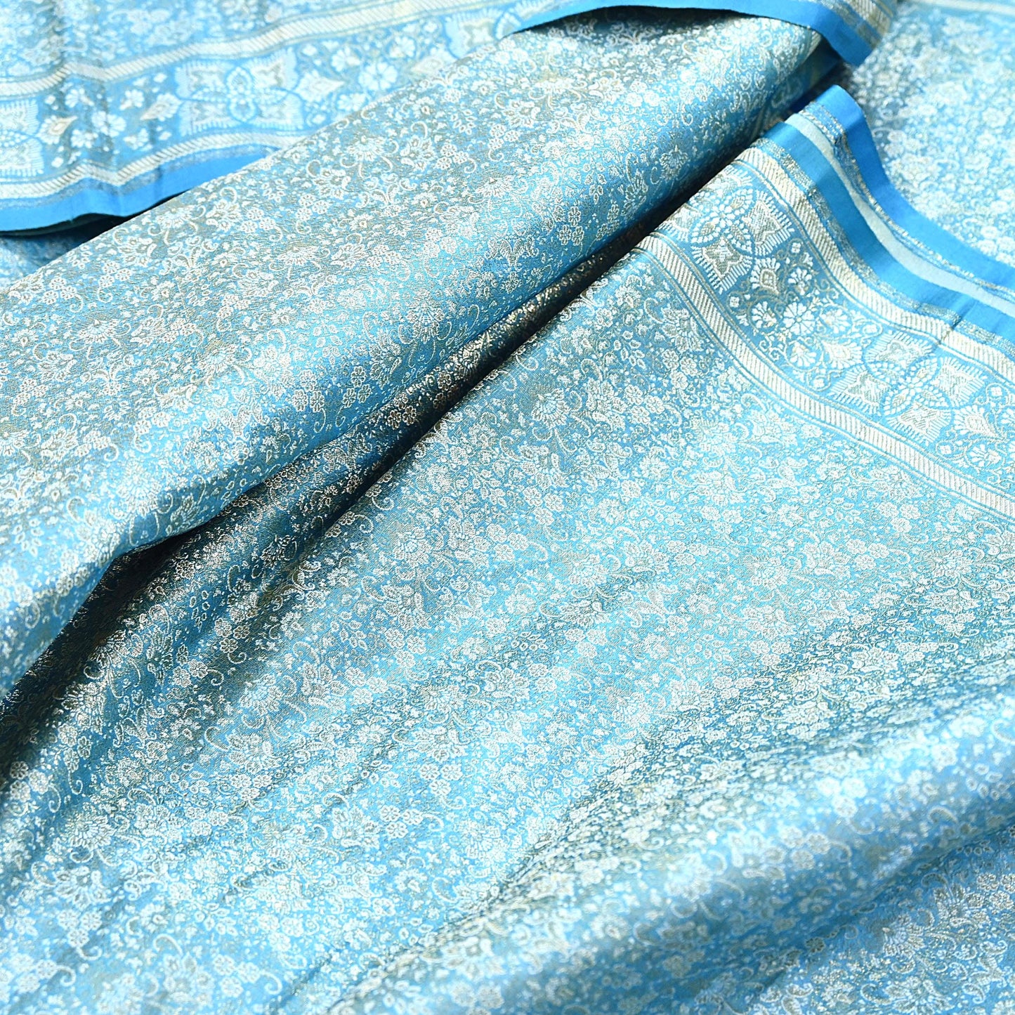 Indian Vintage Sari Blue Heavy Pure Satin Silk Woven Banarasi Tanchoi Saree 5Yd Ethnic Craft Fabric Upcycle Bridal Heavy Sarees