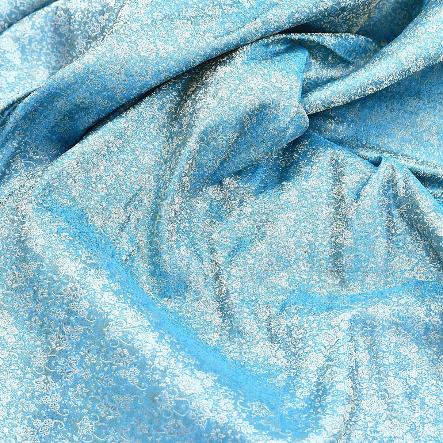 Indian Vintage Sari Blue Heavy Pure Satin Silk Woven Banarasi Tanchoi Saree 5Yd Ethnic Craft Fabric Upcycle Bridal Heavy Sarees