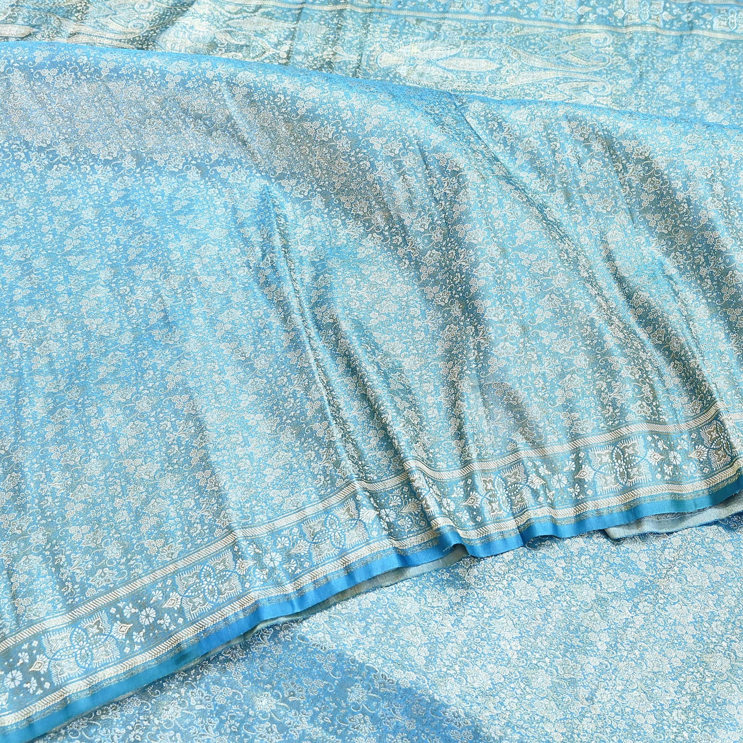 Indian Vintage Sari Blue Heavy Pure Satin Silk Woven Banarasi Tanchoi Saree 5Yd Ethnic Craft Fabric Upcycle Bridal Heavy Sarees