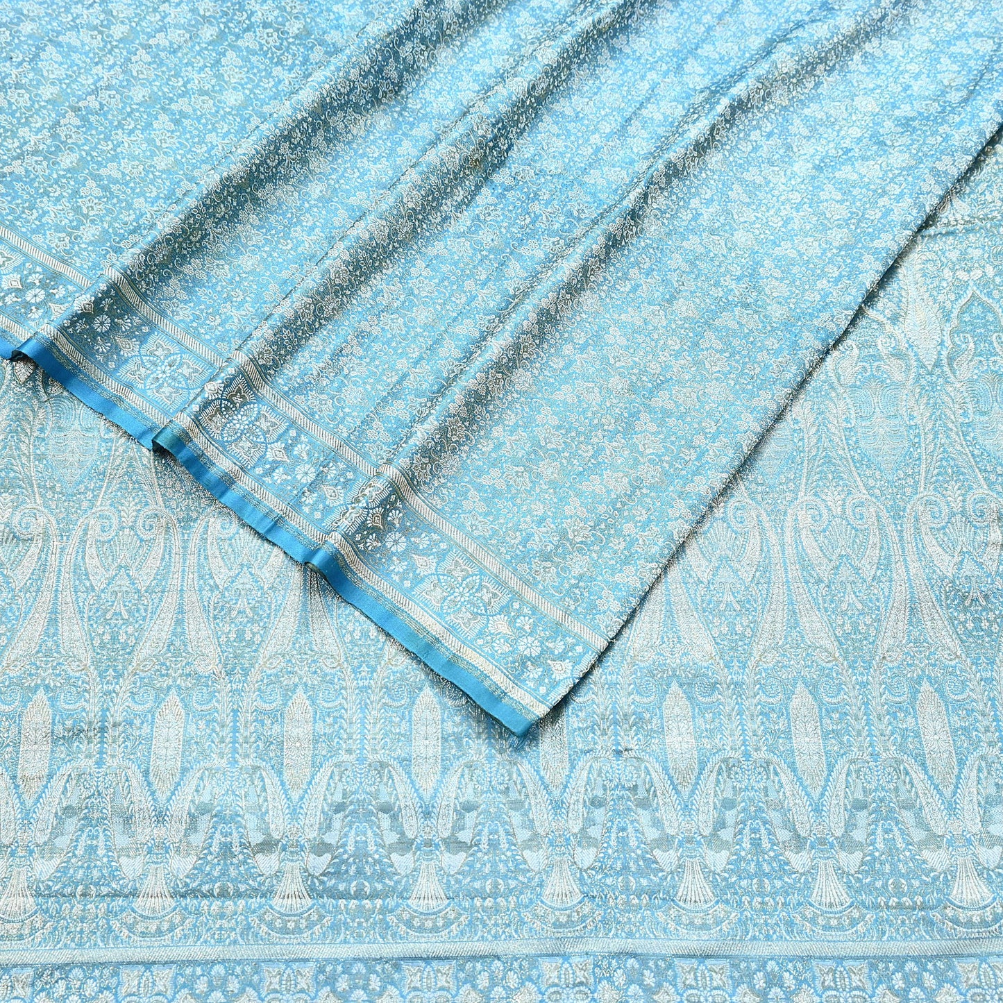 Indian Vintage Sari Blue Heavy Pure Satin Silk Woven Banarasi Tanchoi Saree 5Yd Ethnic Craft Fabric Upcycle Bridal Heavy Sarees