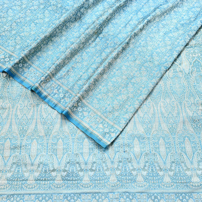 Indian Vintage Sari Blue Heavy Pure Satin Silk Woven Banarasi Tanchoi Saree 5Yd Ethnic Craft Fabric Upcycle Bridal Heavy Sarees