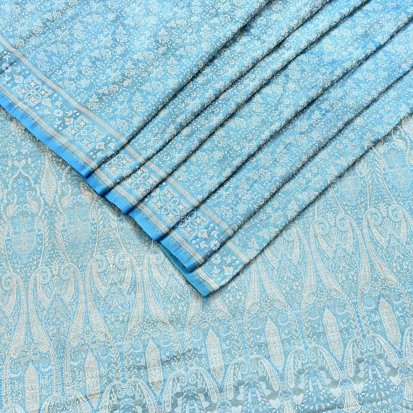 Indian Vintage Sari Blue Heavy Pure Satin Silk Woven Banarasi Tanchoi Saree 5Yd Ethnic Craft Fabric Upcycle Bridal Heavy Sarees