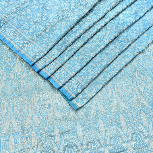 Indian Vintage Sari Blue Heavy Pure Satin Silk Woven Banarasi Tanchoi Saree 5Yd Ethnic Craft Fabric Upcycle Bridal Heavy Sarees