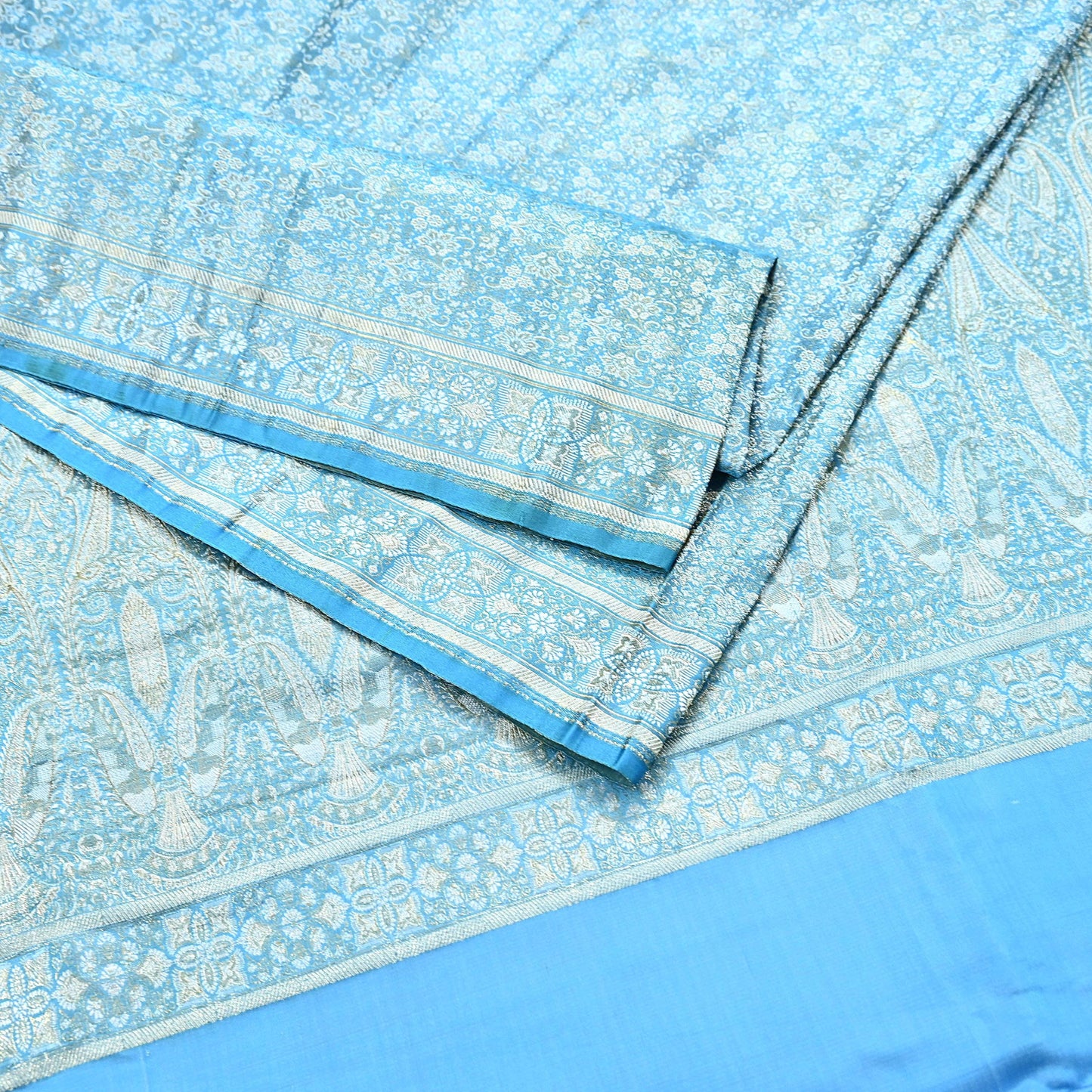 Indian Vintage Sari Blue Heavy Pure Satin Silk Woven Banarasi Tanchoi Saree 5Yd Ethnic Craft Fabric Upcycle Bridal Heavy Sarees