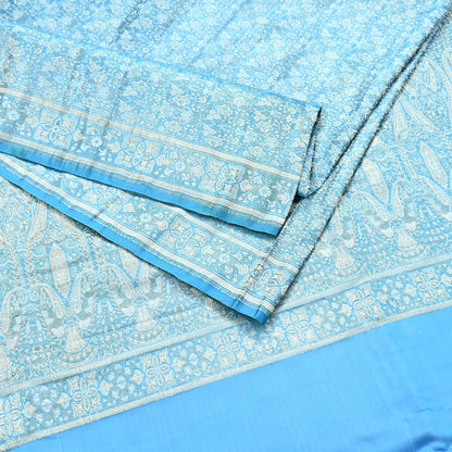 Indian Vintage Sari Blue Heavy Pure Satin Silk Woven Banarasi Tanchoi Saree 5Yd Ethnic Craft Fabric Upcycle Bridal Heavy Sarees