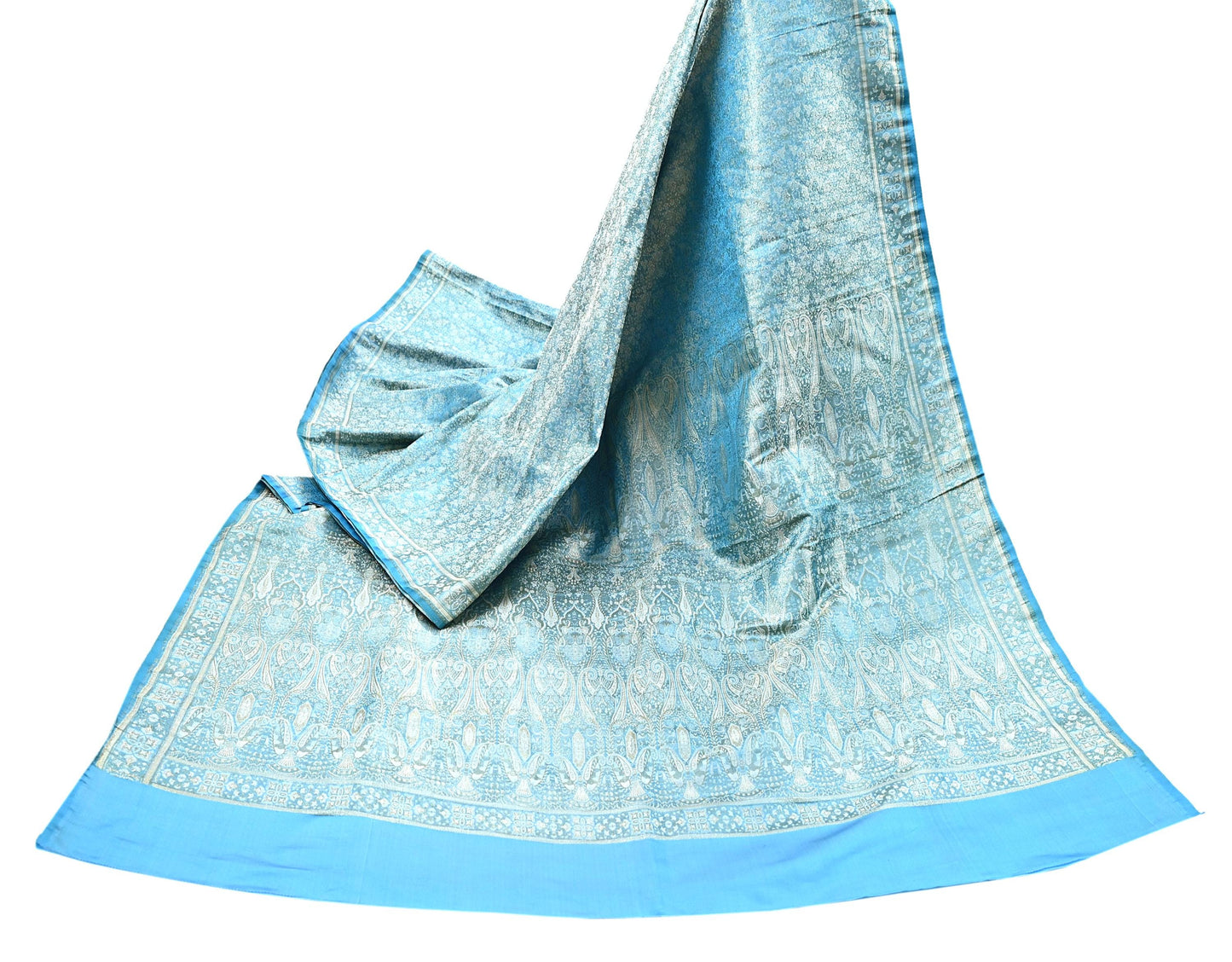 Indian Vintage Sari Blue Heavy Pure Satin Silk Woven Banarasi Tanchoi Saree 5Yd Ethnic Craft Fabric Upcycle Bridal Heavy Sarees