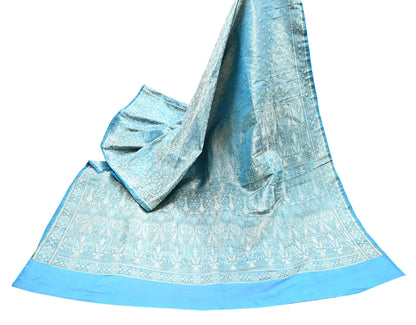 Indian Vintage Sari Blue Heavy Pure Satin Silk Woven Banarasi Tanchoi Saree 5Yd Ethnic Craft Fabric Upcycle Bridal Heavy Sarees