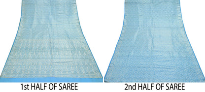 Indian Vintage Sari Blue Heavy Pure Satin Silk Woven Banarasi Tanchoi Saree 5Yd Ethnic Craft Fabric Upcycle Bridal Heavy Sarees