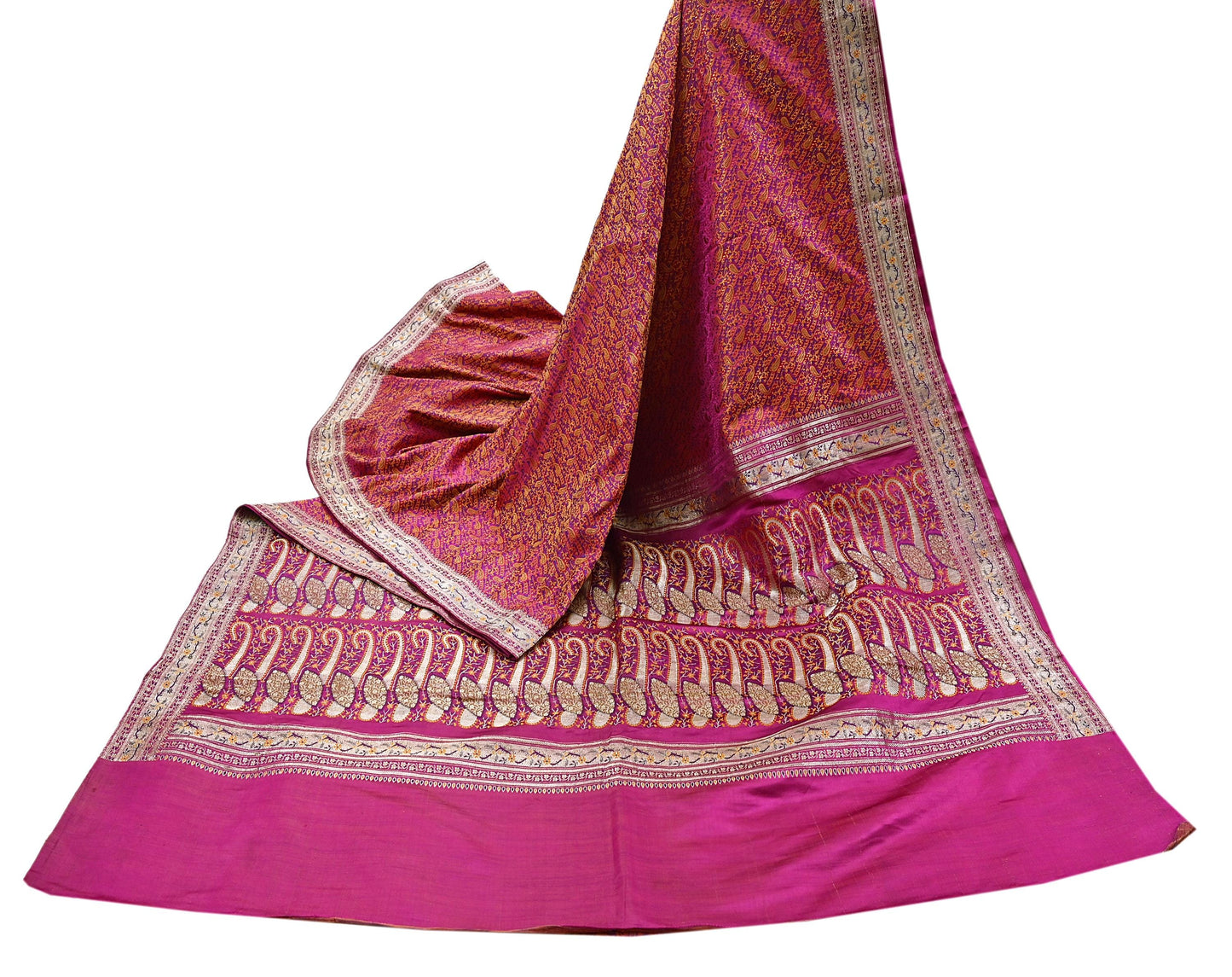 Indian Vintage Sari Pink Heavy Pure Satin Silk Woven Banarasi Tanchoi Saree 5Yd Ethnic Craft Fabric Upcycle Bridal Heavy Sarees