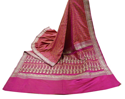 Indian Vintage Sari Pink Heavy Pure Satin Silk Woven Banarasi Tanchoi Saree 5Yd Ethnic Craft Fabric Upcycle Bridal Heavy Sarees