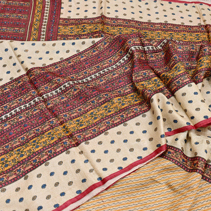 Indian Vintage Red & Beige Saree Pure Khadi Silk Handloom Printed Sari Fabric 6yd Ethnic Wear Sari Floral Designs Dress making Crafting