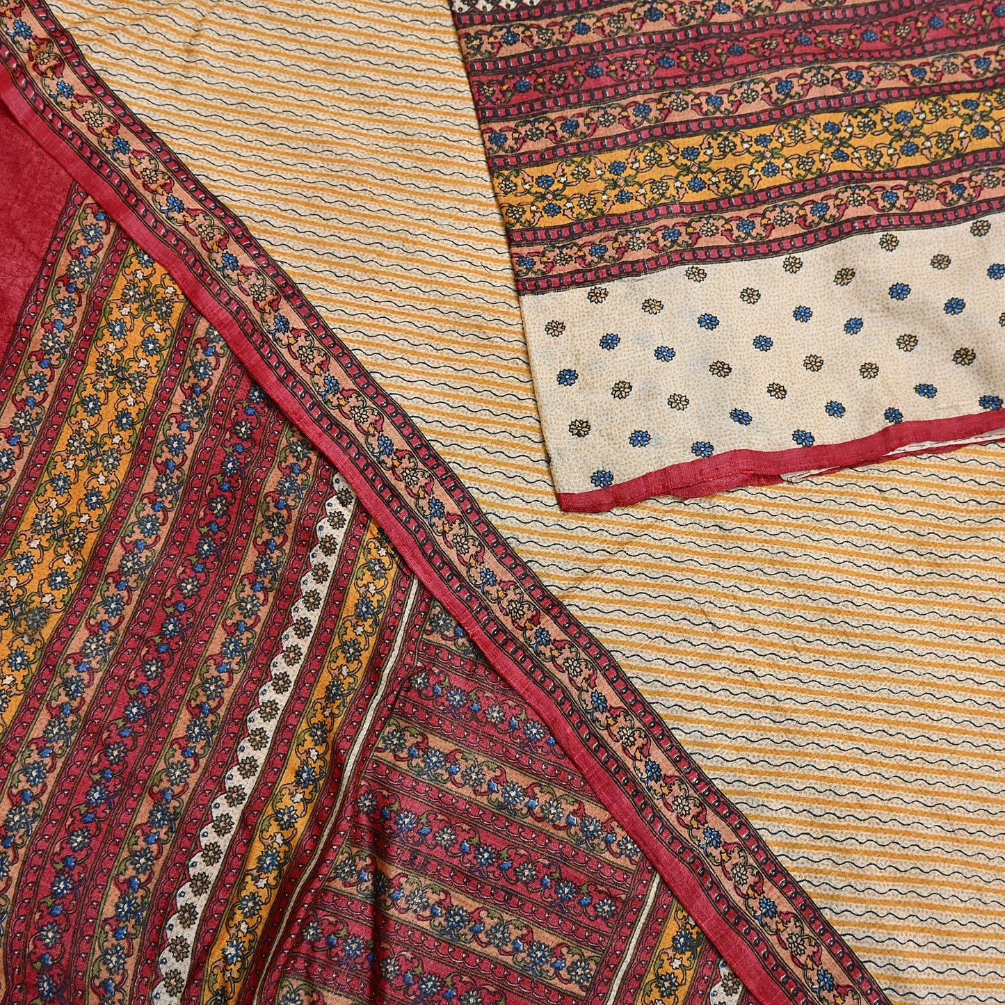 Indian Vintage Red & Beige Saree Pure Khadi Silk Handloom Printed Sari Fabric 6yd Ethnic Wear Sari Floral Designs Dress making Crafting