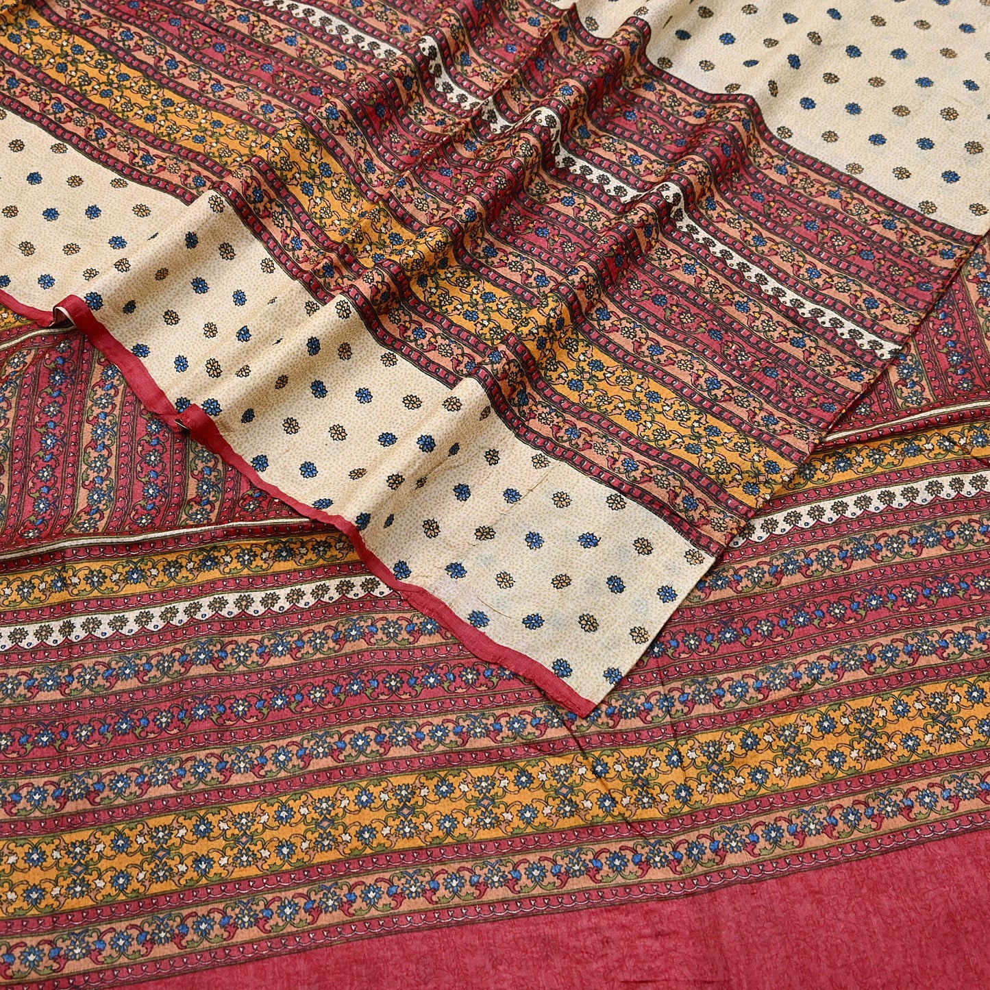 Indian Vintage Red & Beige Saree Pure Khadi Silk Handloom Printed Sari Fabric 6yd Ethnic Wear Sari Floral Designs Dress making Crafting