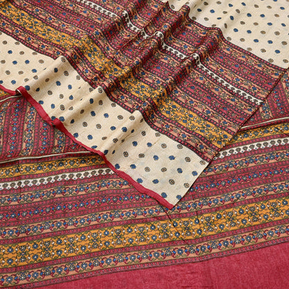 Indian Vintage Red & Beige Saree Pure Khadi Silk Handloom Printed Sari Fabric 6yd Ethnic Wear Sari Floral Designs Dress making Crafting