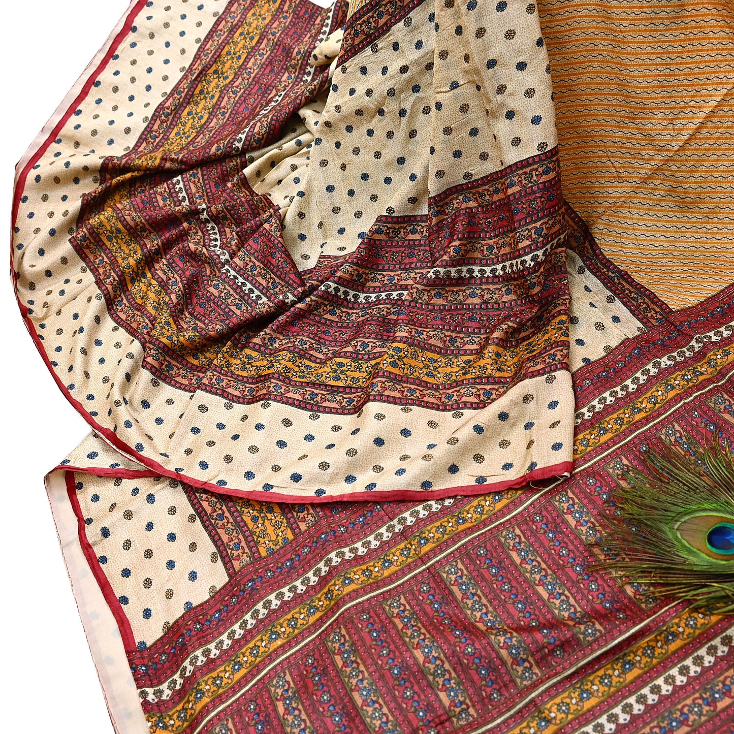 Indian Vintage Red & Beige Saree Pure Khadi Silk Handloom Printed Sari Fabric 6yd Ethnic Wear Sari Floral Designs Dress making Crafting