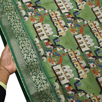 Indian Vintage Green Saree Digital Printed Sari chanderi Silk Sari Craft Fabric 6Yd Floral Soft Zari Dress making Bollywood saree Birds