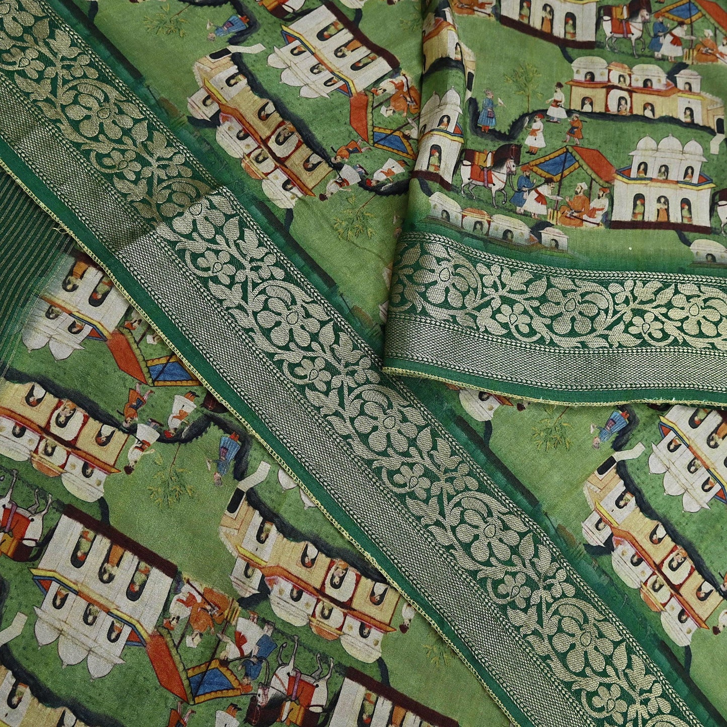 Indian Vintage Green Saree Digital Printed Sari chanderi Silk Sari Craft Fabric 6Yd Floral Soft Zari Dress making Bollywood saree Birds