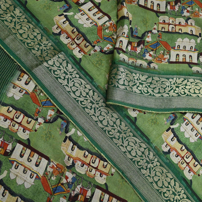 Indian Vintage Green Saree Digital Printed Sari chanderi Silk Sari Craft Fabric 6Yd Floral Soft Zari Dress making Bollywood saree Birds