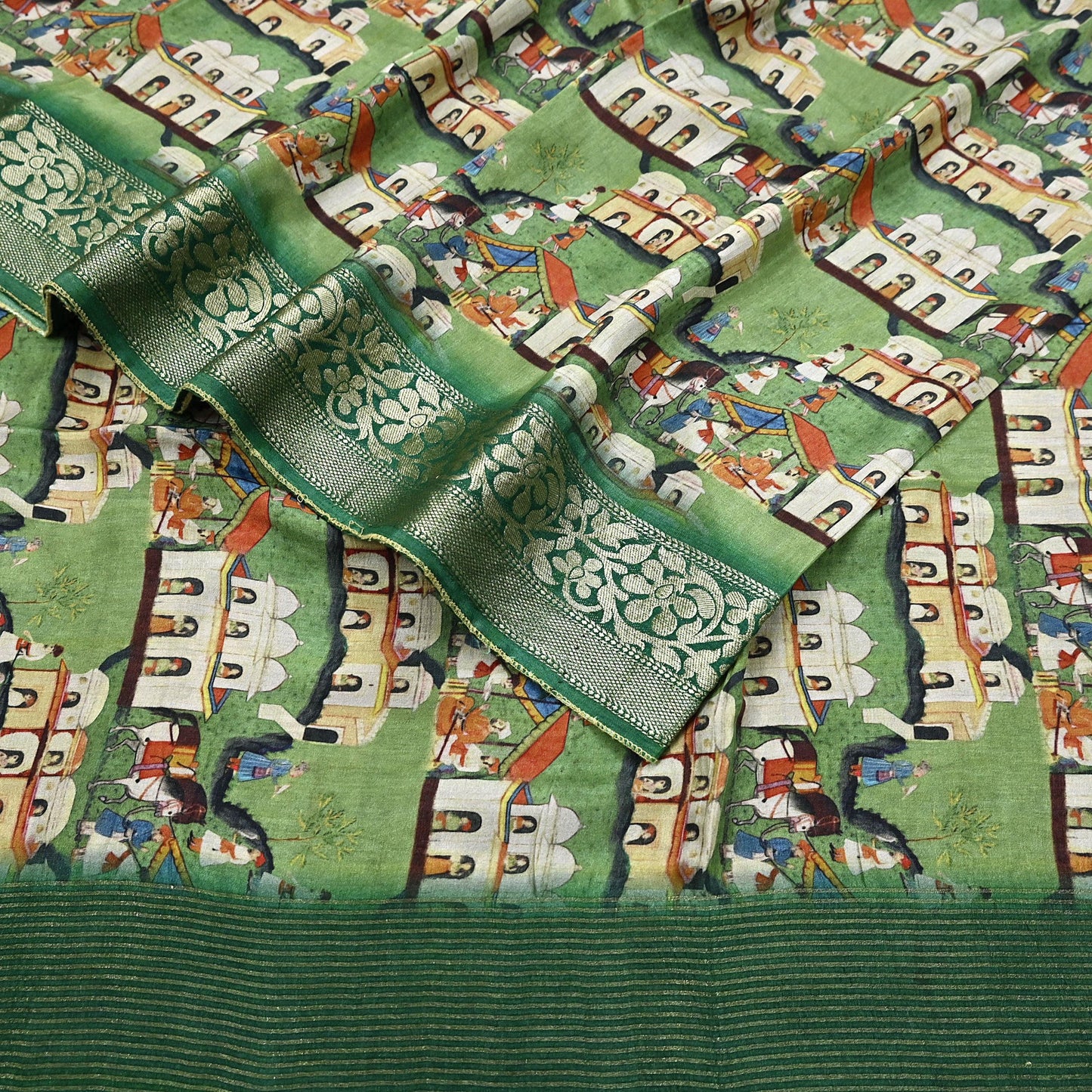 Indian Vintage Green Saree Digital Printed Sari chanderi Silk Sari Craft Fabric 6Yd Floral Soft Zari Dress making Bollywood saree Birds