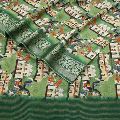 Indian Vintage Green Saree Digital Printed Sari chanderi Silk Sari Craft Fabric 6Yd Floral Soft Zari Dress making Bollywood saree Birds