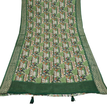 Indian Vintage Green Saree Digital Printed Sari chanderi Silk Sari Craft Fabric 6Yd Floral Soft Zari Dress making Bollywood saree Birds