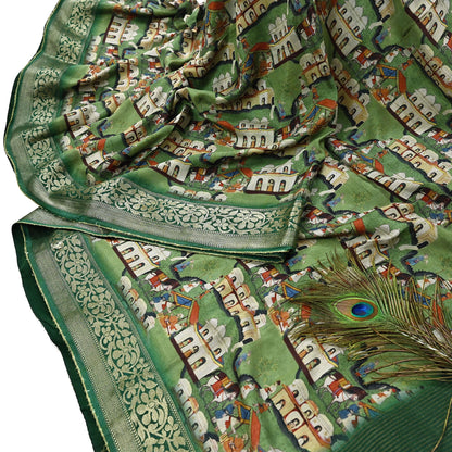 Indian Vintage Green Saree Digital Printed Sari chanderi Silk Sari Craft Fabric 6Yd Floral Soft Zari Dress making Bollywood saree Birds