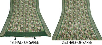 Indian Vintage Green Saree Digital Printed Sari chanderi Silk Sari Craft Fabric 6Yd Floral Soft Zari Dress making Bollywood saree Birds