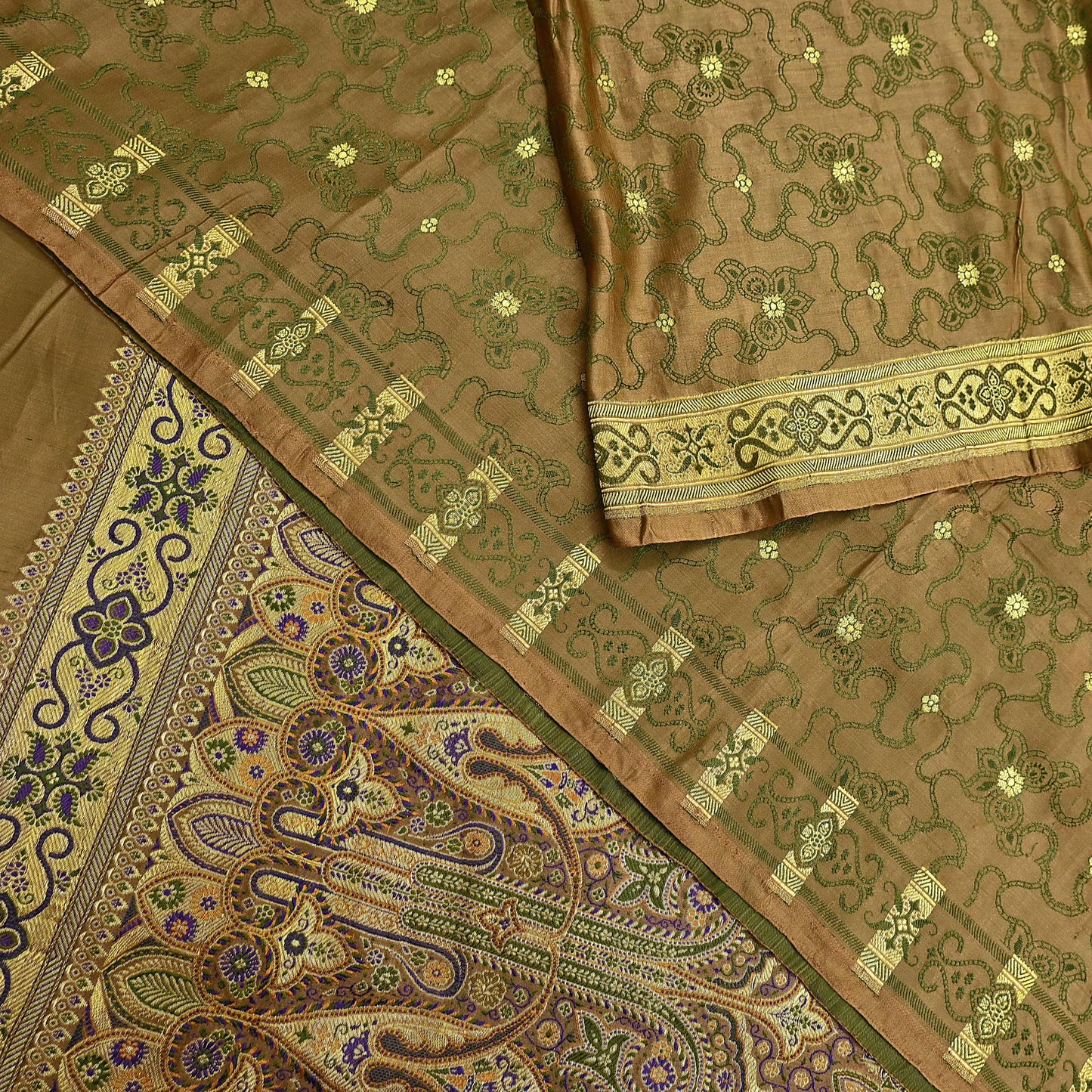 Vintage Banarasi Saree Pure Satin Silk Woven Brocade Zari Fabric green Heavy Craft Sari 5 Yards Indian Antique Textile Dress Making
